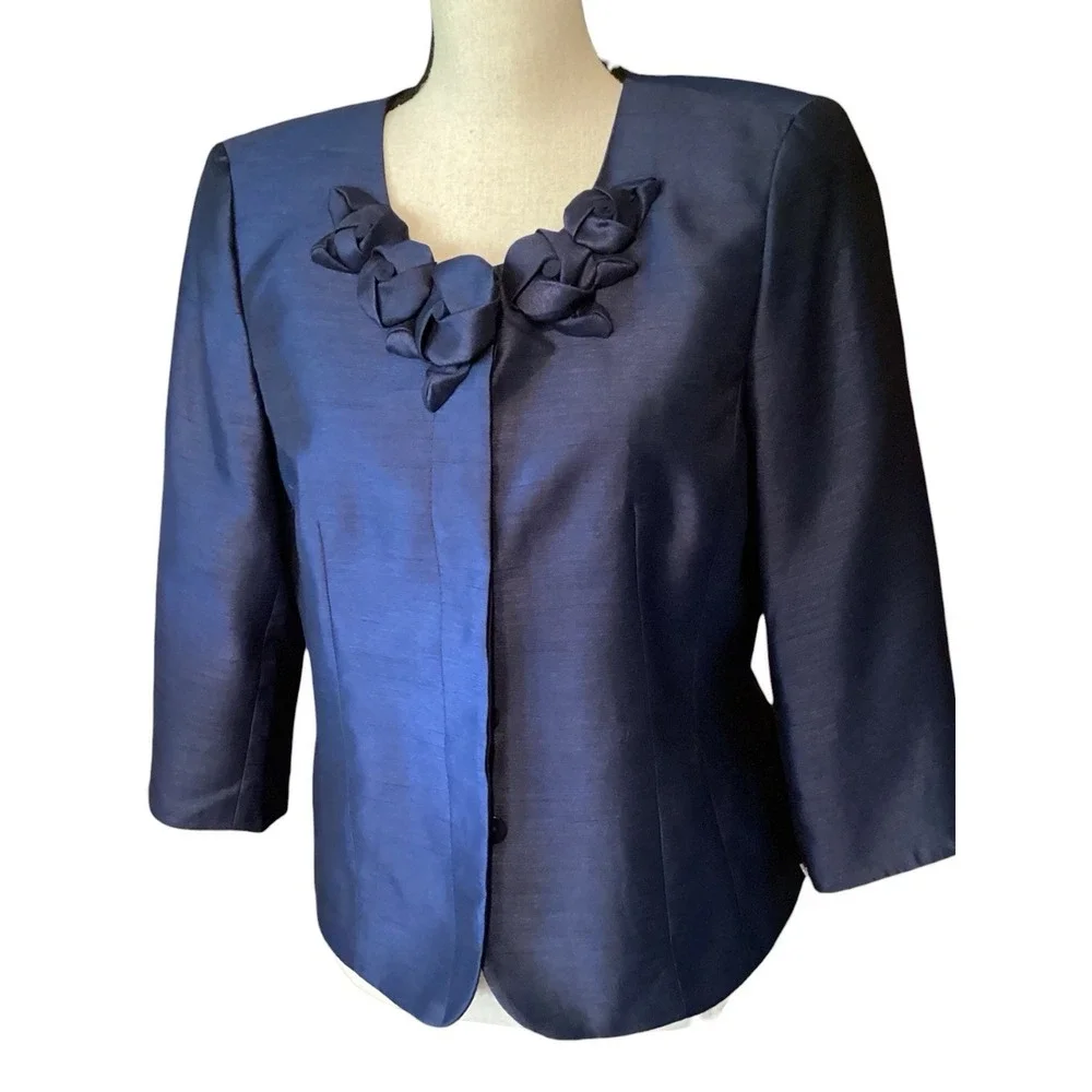 Kasper Sapphire Blue 2 Piece Skirt Suit Floral Applique Jacket 10 Petite NWT